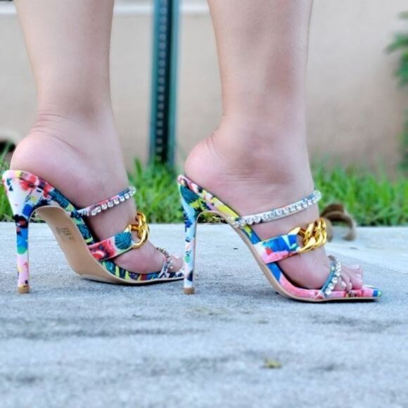 Women's  Strappy Slip On High Heels Sandals Print Color - Picture 4 of 5